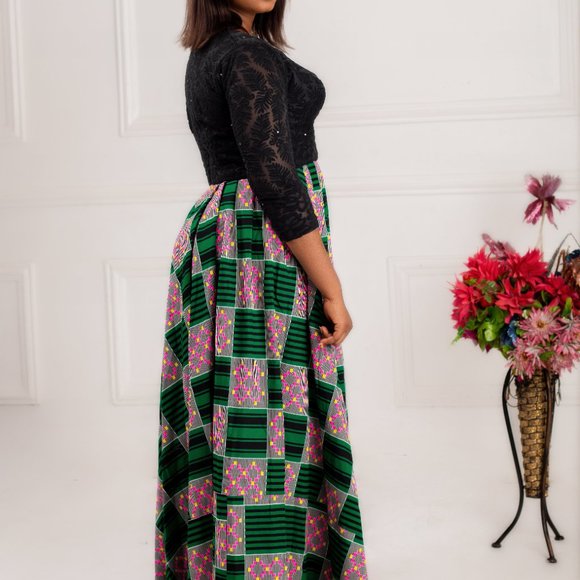 Black african pink green print evening maxi dress with lace ngoun bang - Picture 2 of 3
